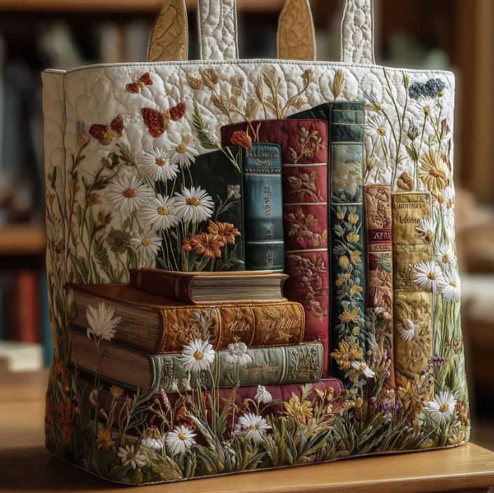 Vintage Book Lover Quilted Tote Bag – Floral Library Shoulder Bag, Cottagecore Reading Market Tote, Bibliophile Gift for Women
