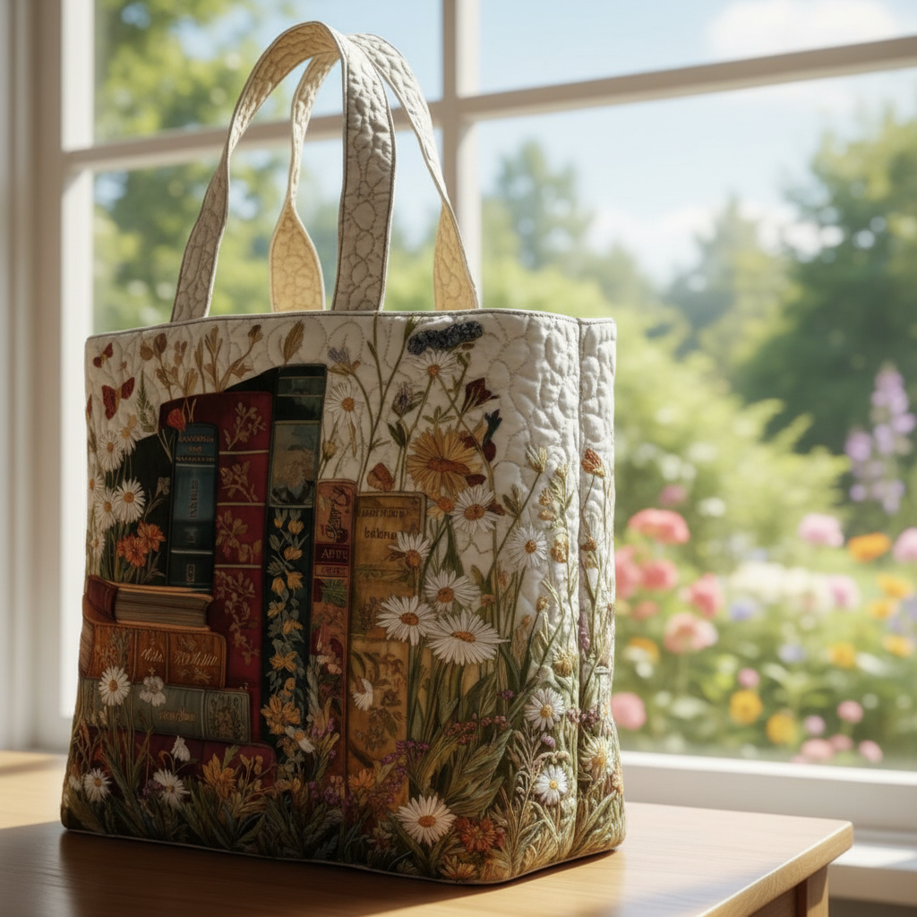 Vintage Book Lover Quilted Tote Bag – Floral Library Shoulder Bag, Cottagecore Reading Market Tote, Bibliophile Gift for Women