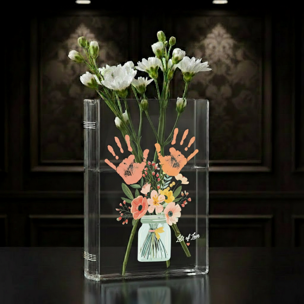Personalized Mom’s Garden Birth Month Flower Book Vase – Custom Kid Handprint Design, Meaningful Mother’s Day Gift for Mom or Grandma