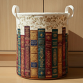 Vintage Book Quilted Laundry Basket – Library Storage Bin, Book Lover Fabric Hamper, Reading Room Organizer, Literary Decor. LBPETAL105