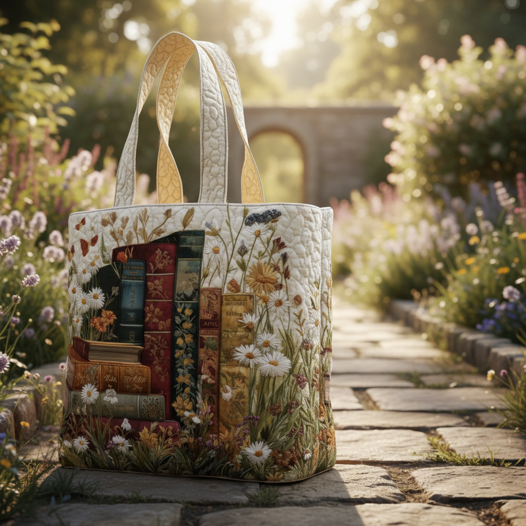 Vintage Book Lover Quilted Tote Bag – Floral Library Shoulder Bag, Cottagecore Reading Market Tote, Bibliophile Gift for Women