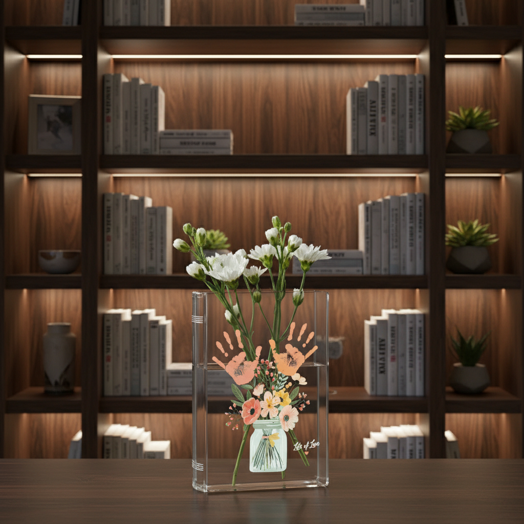 Personalized Mom’s Garden Birth Month Flower Book Vase – Custom Kid Handprint Design, Meaningful Mother’s Day Gift for Mom or Grandma