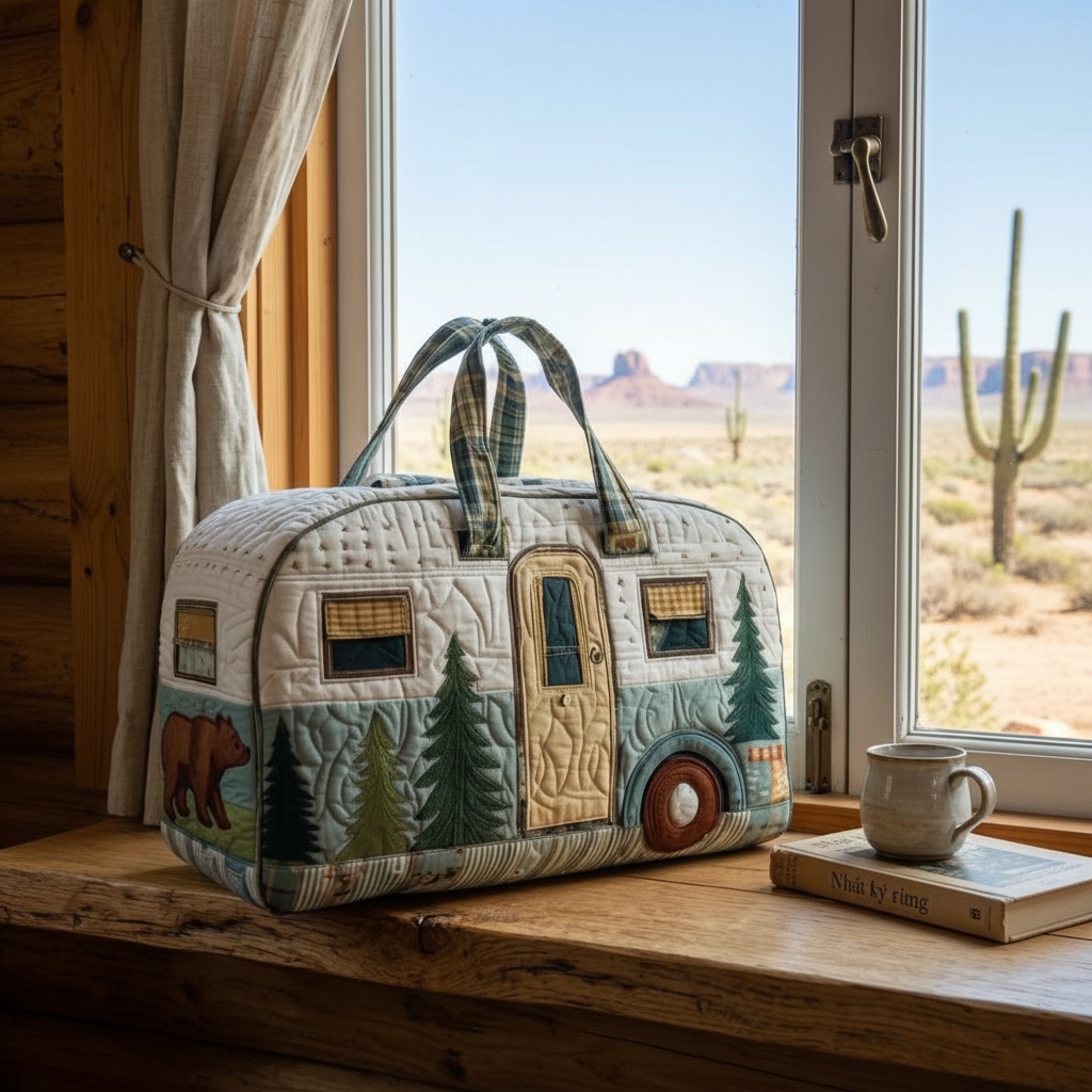 Rustic Cabin Camper Quilted Duffle Bag – Forest Bear Travel Weekender Tote, Cozy Lodge Overnight Bag, Cute Nature Duffel Gift for Women