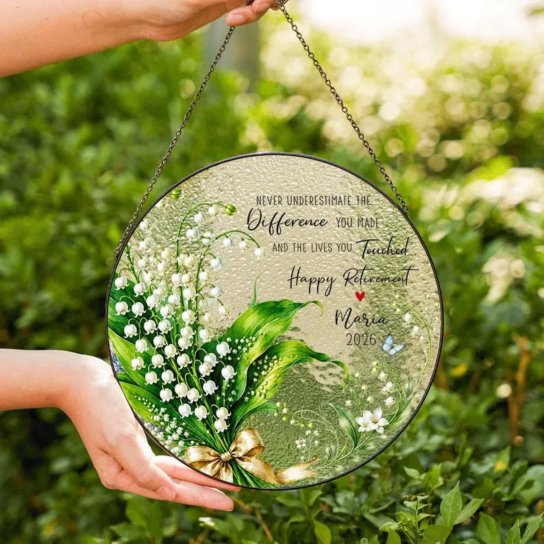 Lily of the Valley Retirement Suncatcher, Custom Teacher Gift, Personalized Window Hanging, Retirement Decor. SUNPETAL13