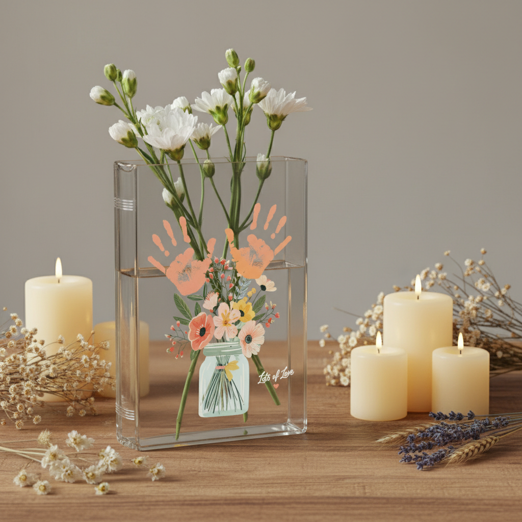 Personalized Mom’s Garden Birth Month Flower Book Vase – Custom Kid Handprint Design, Meaningful Mother’s Day Gift for Mom or Grandma