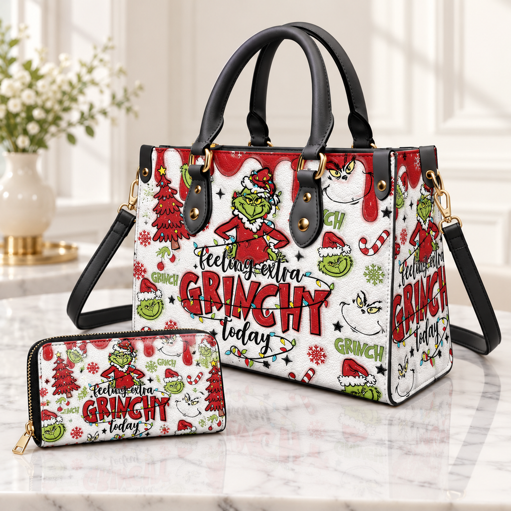 Red Grinch Christmas Pattern Leather Handbag, Grinch Christmas Leather Tote Bag, Grinch Wallet Purse, Christmas Bag Gift GBAG08