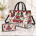Red Grinch Christmas Pattern Leather Handbag, Grinch Christmas Leather Tote Bag, Grinch Wallet Purse, Christmas Bag Gift GBAG08