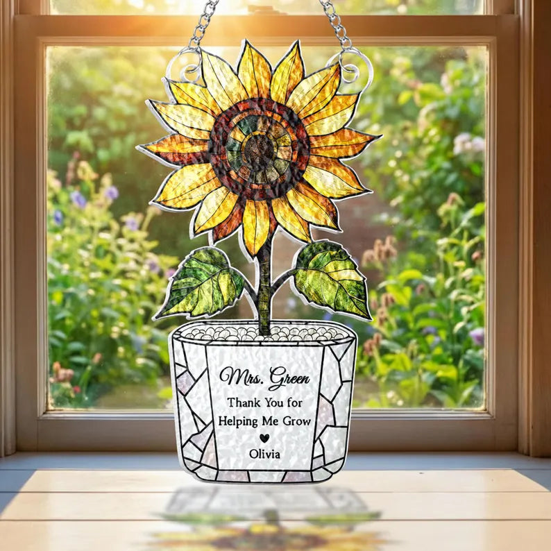Personalized Sunflower Teacher Stained Glass Suncatcher: Thank You For Helping Me Grow, Teacher Appreciation Gift. SUNPETAL16