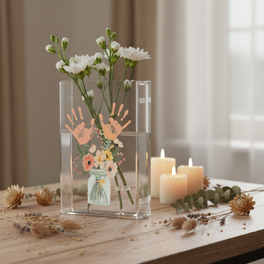 Personalized Mom’s Garden Birth Month Flower Book Vase – Custom Kid Handprint Design, Meaningful Mother’s Day Gift for Mom or Grandma