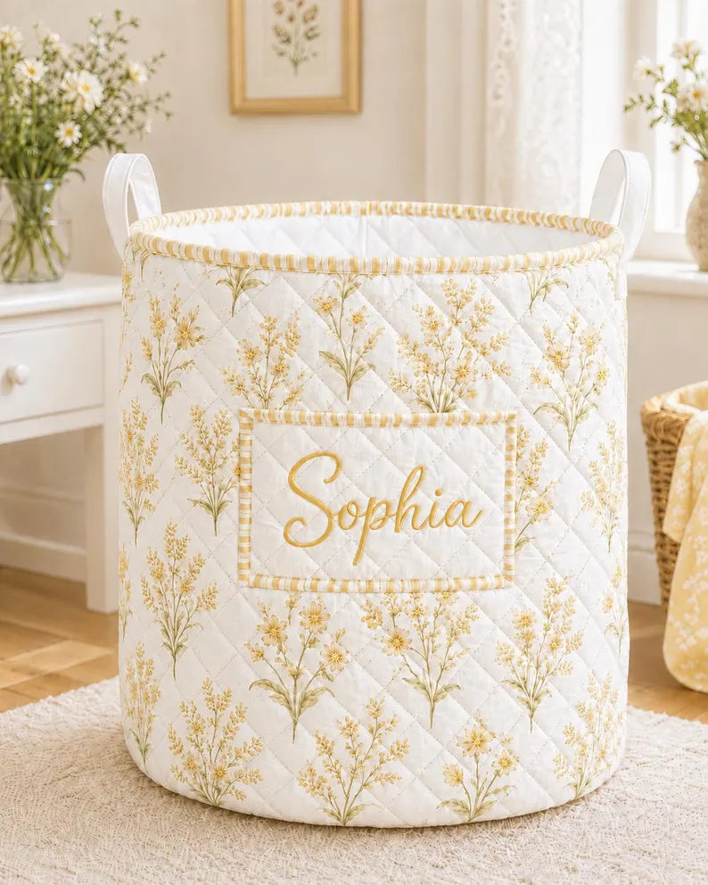 Personalized Floral Laundry Basket, Custom Name Quilted Storage Bin, Pastel Flower Nursery Hamper, Clothes Basket. LBPETAL142