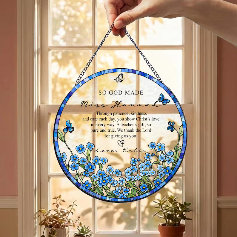 Custom Name Teacher Stained Glass Suncatcher, Personalized Thank You Teacher Gift, Christian Mentor Appreciation Window Hanging Keepsake. SUNPETAL01