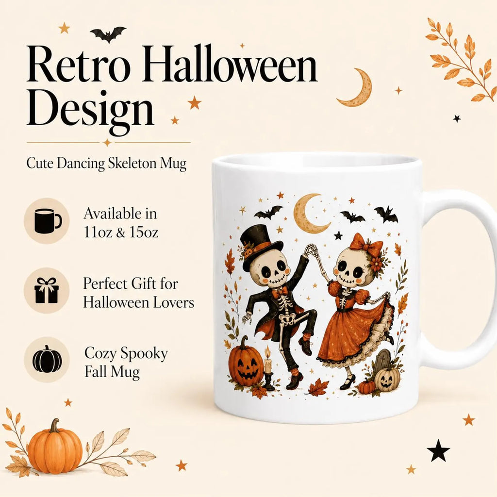 Halloween Skeleton Couple Mug, Dancing Skeletons Coffee Mug, Vintage Halloween Mug, Cute Skeleton Gift, Fall Halloween Coffee Mug. MPETAL1