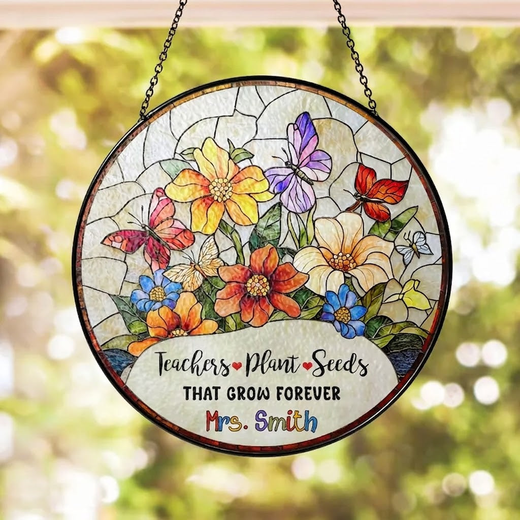 Personalized Teacher Stained Glass Suncatcher, Teacher Appreciation Gift, Back To School Gift, Teacher Gift, Windown Hanging Classroom Decor. SUNPETAL19