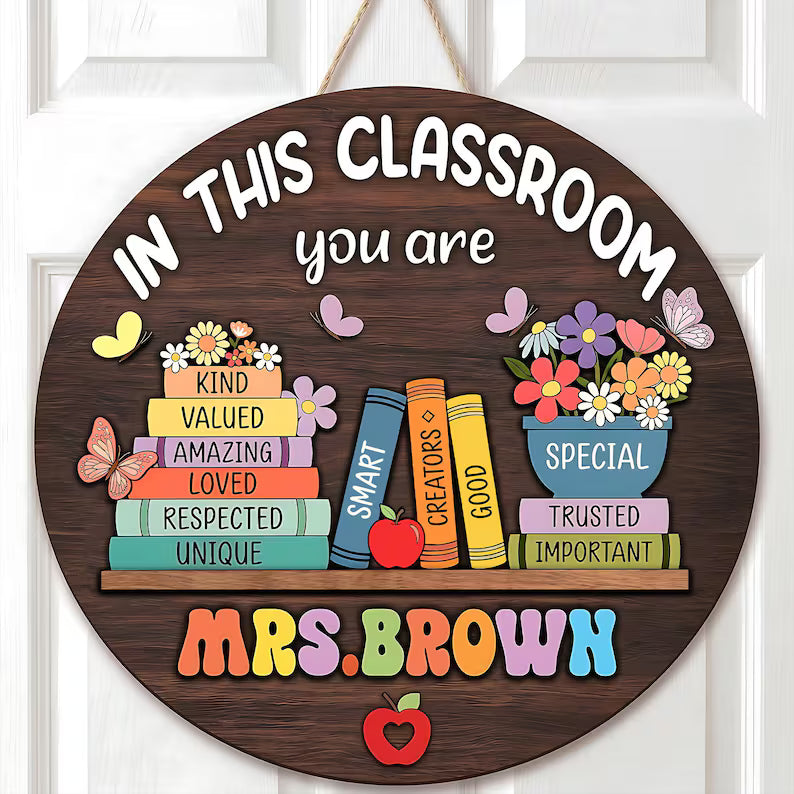Personalized Teacher 3D Wooden Door Sign, Custom Teacher Door Hanger, Cute Classroom Decor, Teacher Name Sign Appreciation Gift for School. DHPETAL06