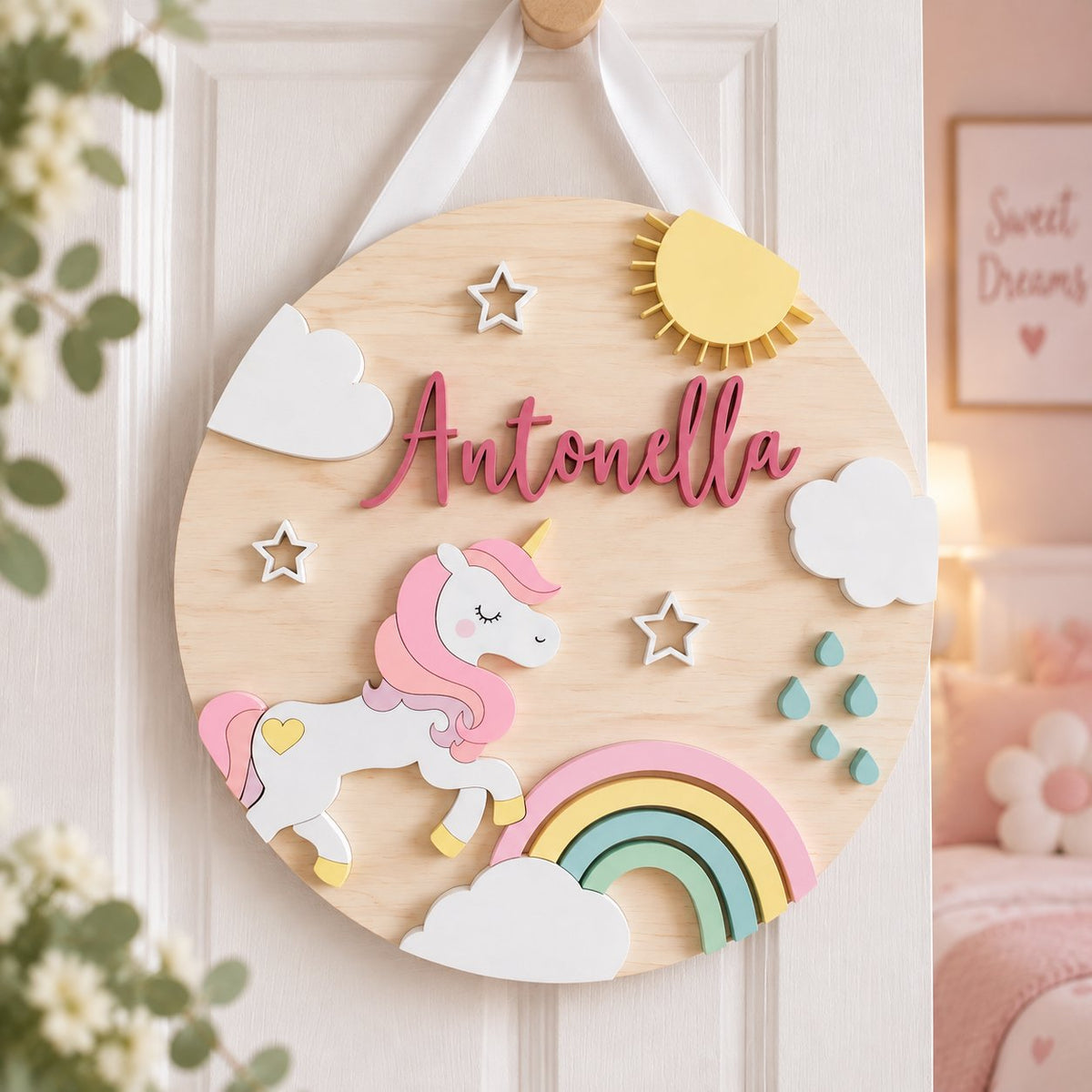 Personalized Unicorn Wooden Sign, Custom Girl Name Door Hanger, Rainbow Nursery Decor, Baby Girl Bedroom Wall Sign WOODKID07