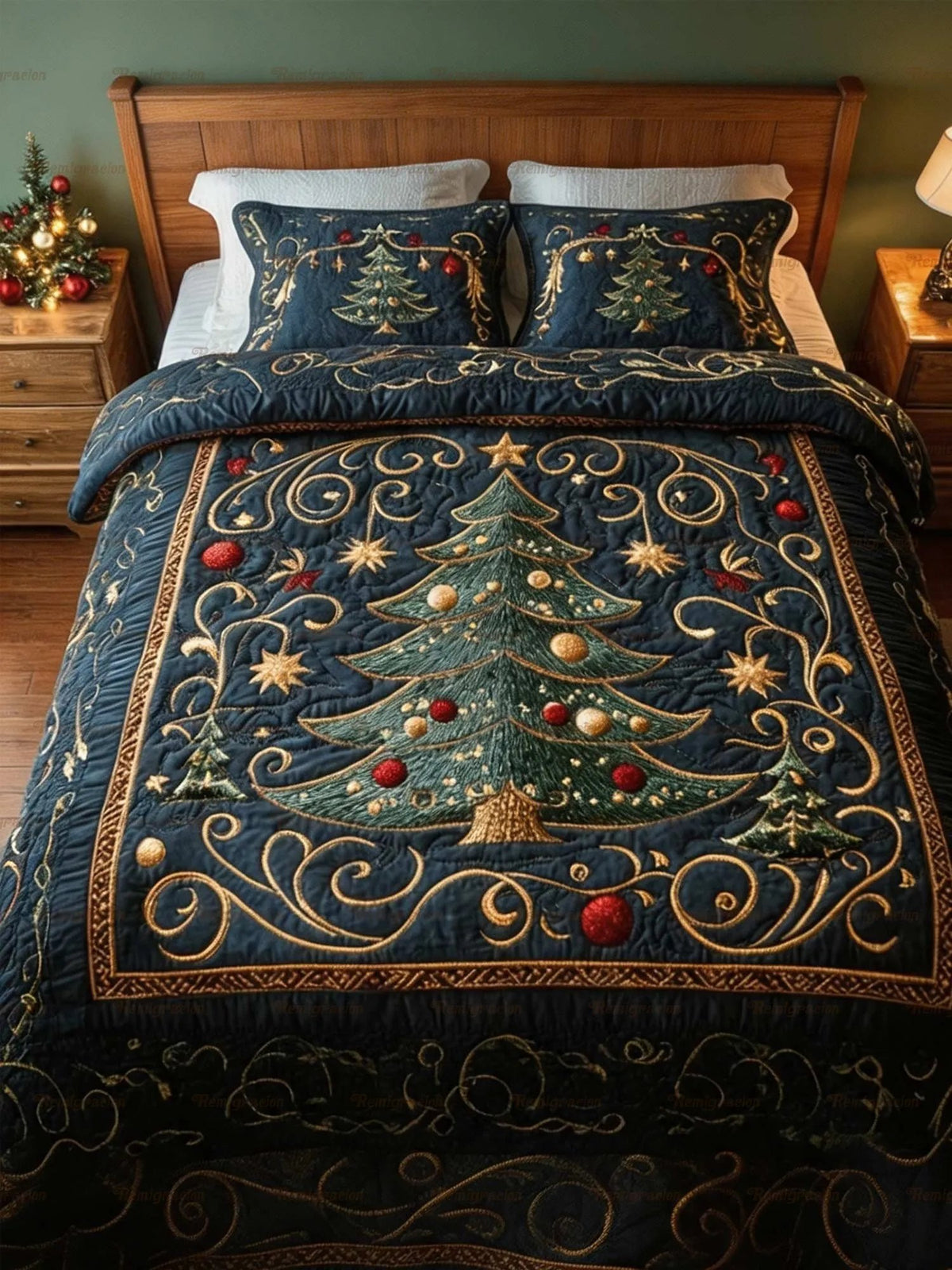 Christmas Tree Quilted Bedding Set, Christmas Holiday Bedspread with Pillowcases, Festive Winter Bedroom Decor, Bedding Decor PTBED07