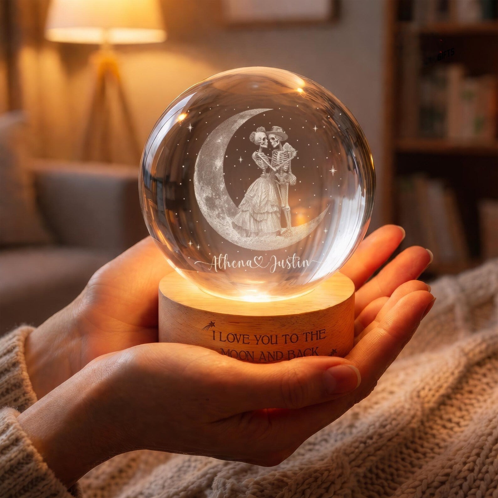 Custom Skeleton Couple Crystal Ball Night Light, Anniversary Gift, Engagement Gifts, Wedding Gift For Couples Gift, Wedding Anniversary Gift. LEDPETAL15