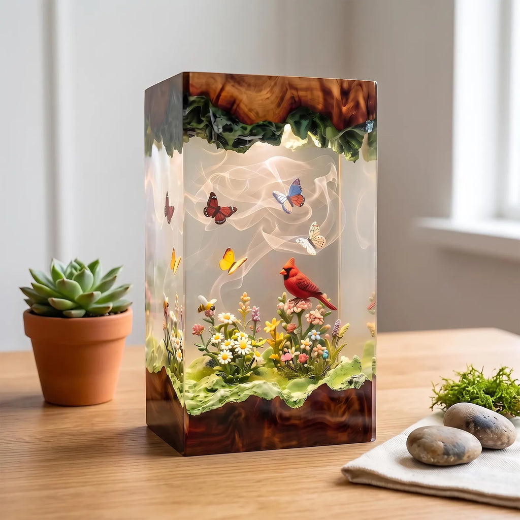 Red Cardinal Memorial Resin Lamp, Heavenly Garden Scene, Butterfly and Floral Night Light, Handmade Epoxy Decor, Christmas Gift. RLPETAL14