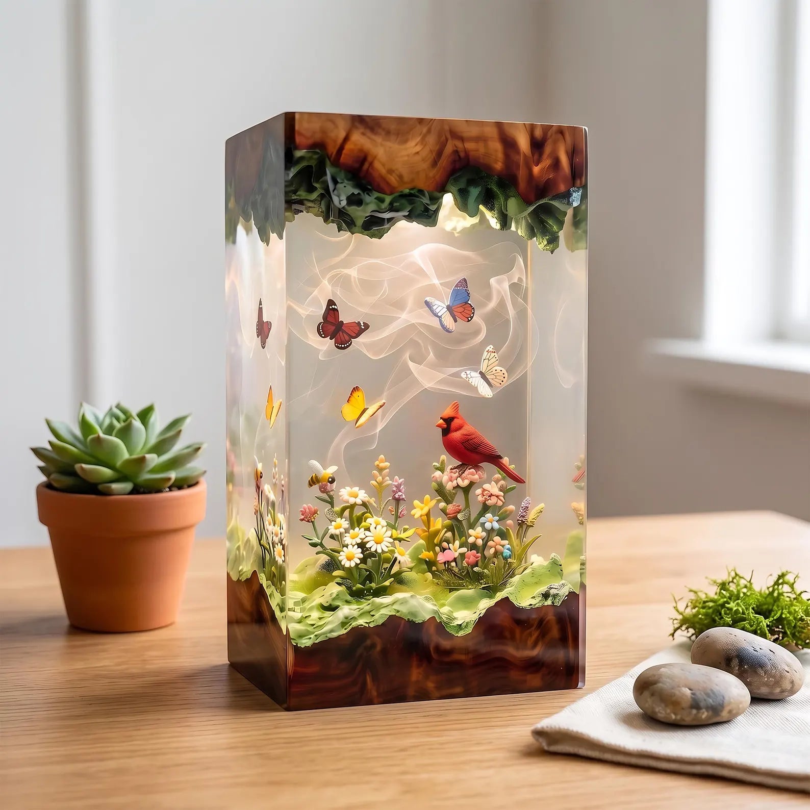 Red Cardinal Memorial Resin Lamp, Heavenly Garden Scene, Butterfly and Floral Night Light, Handmade Epoxy Decor, Christmas Gift. RLPETAL14