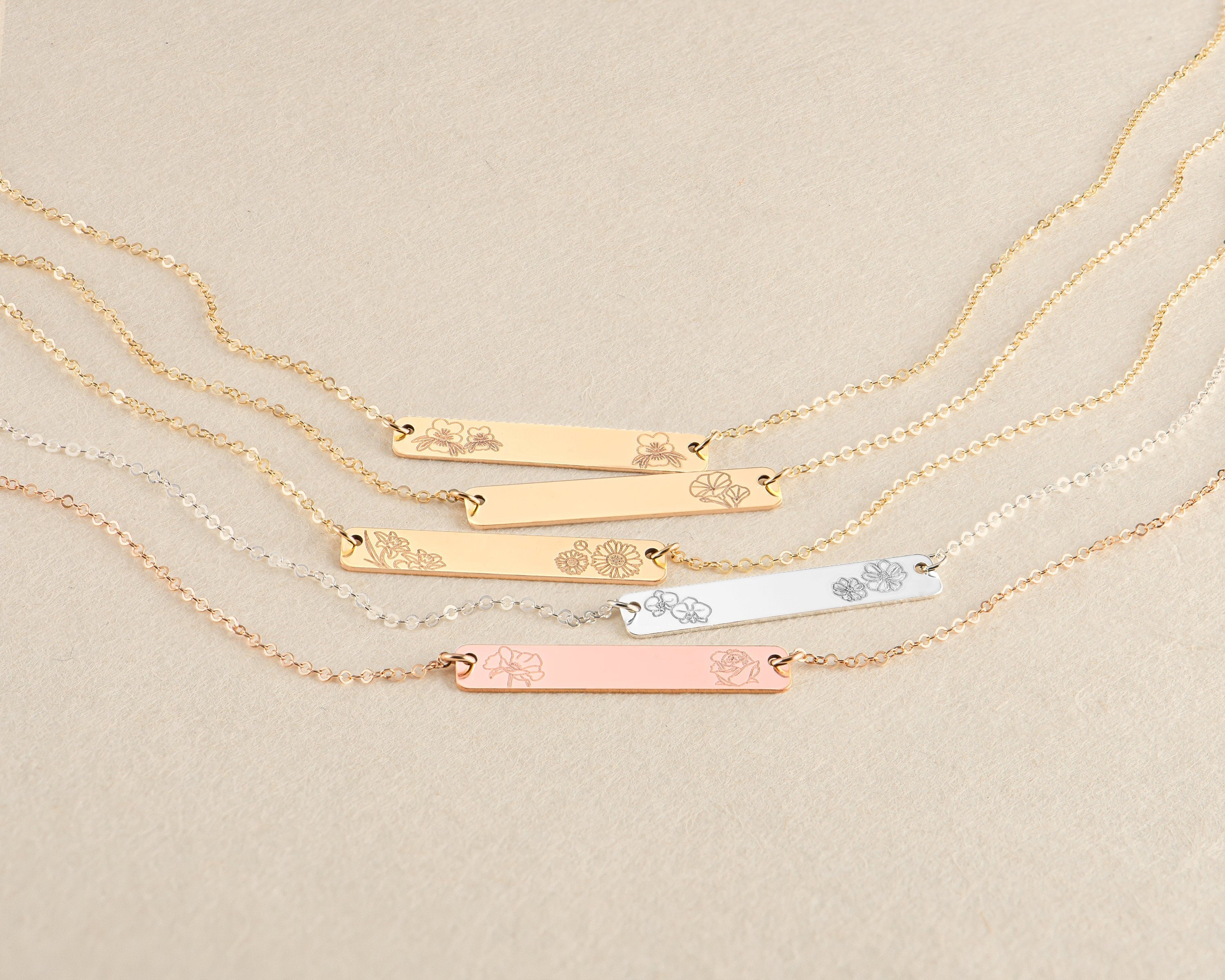 Gold Bar Necklace, Personalized Jewelry Name Bar Necklace Birth Flower, Jewelry Engraved Necklace, Family Birth Flower, Bridesmaid Gift