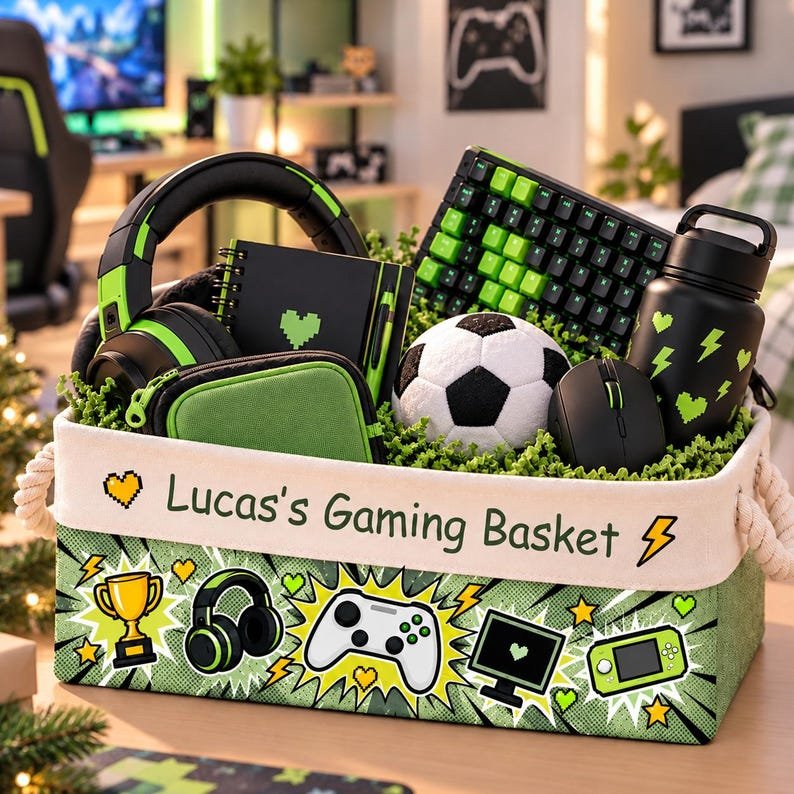 Personalized Gaming Storage Basket, Gaming Stuff Basket with Name Basket, Custom Gaming Box for Boys Girls, Xmas Gift For Daughter Sons BBPETAL17