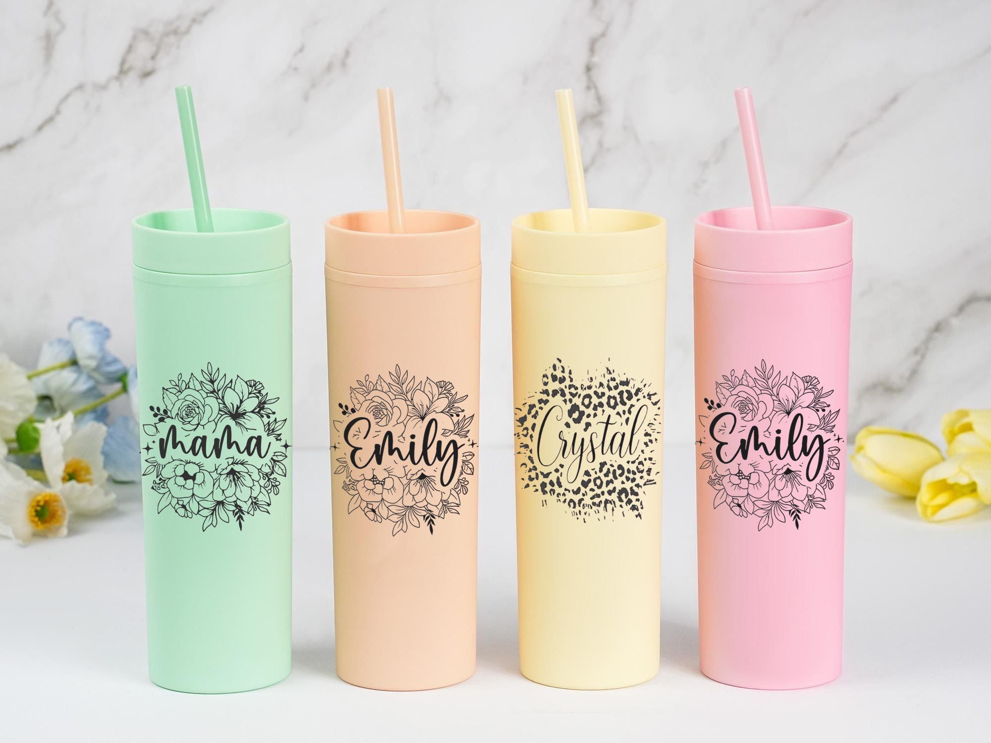 Personalized Flower Skinny Tumbler With Name, Custom Name Cup With Straw, Hot Cold Skinny Travel Mug, Bridesmaid Gift, Birthday Gift For Her Mother