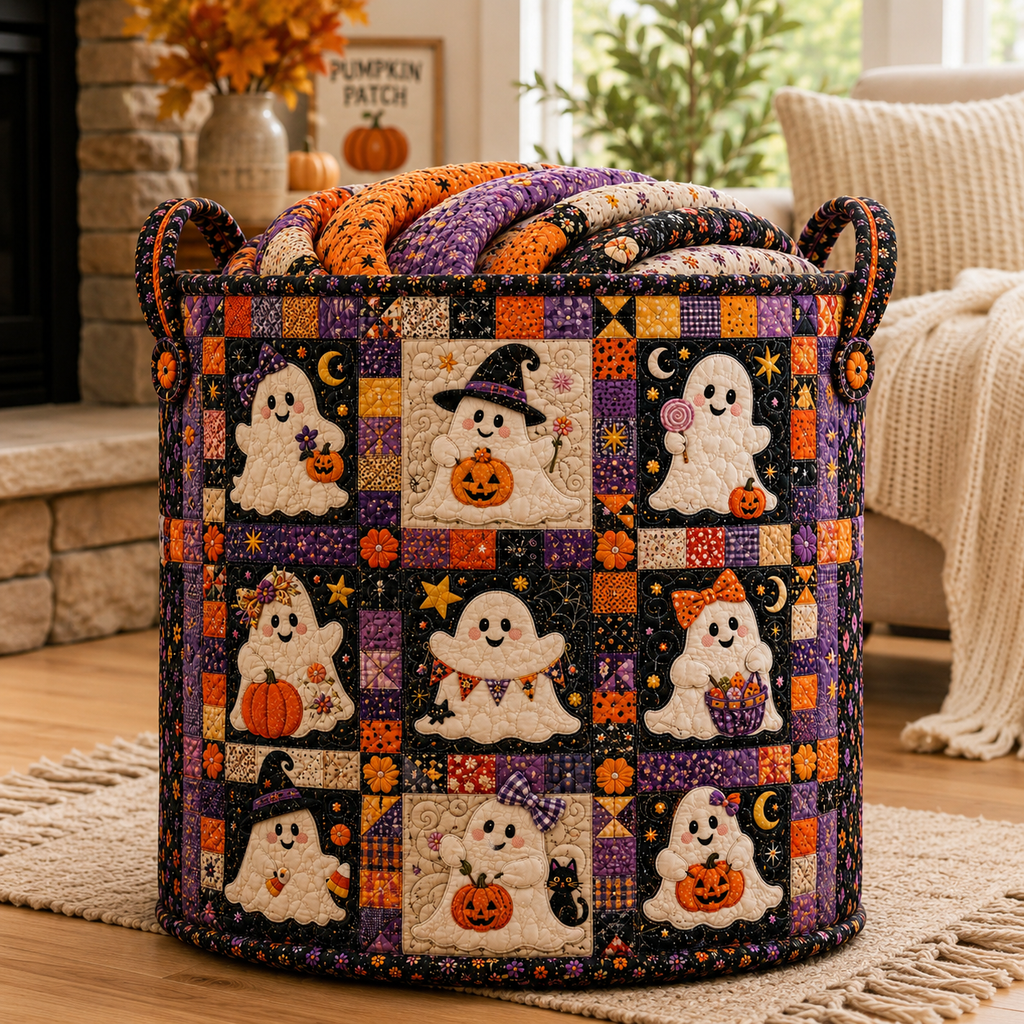 Halloween Ghost Quilted Laundry Bag, Patchwork Pumpkin Hamper Basket, Cute Spooky Storage Organizer Decor Gift. HLWLBPETAL1