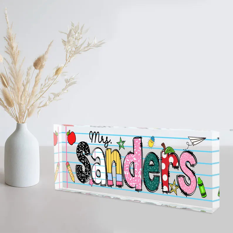 Personalized Teacher Name Desk Sign, Custom Teacher Appreciation Gifts, Teacher Name Desk Plaque, Teacher Acrylic Block, New Teacher Gift. DNPETAL03