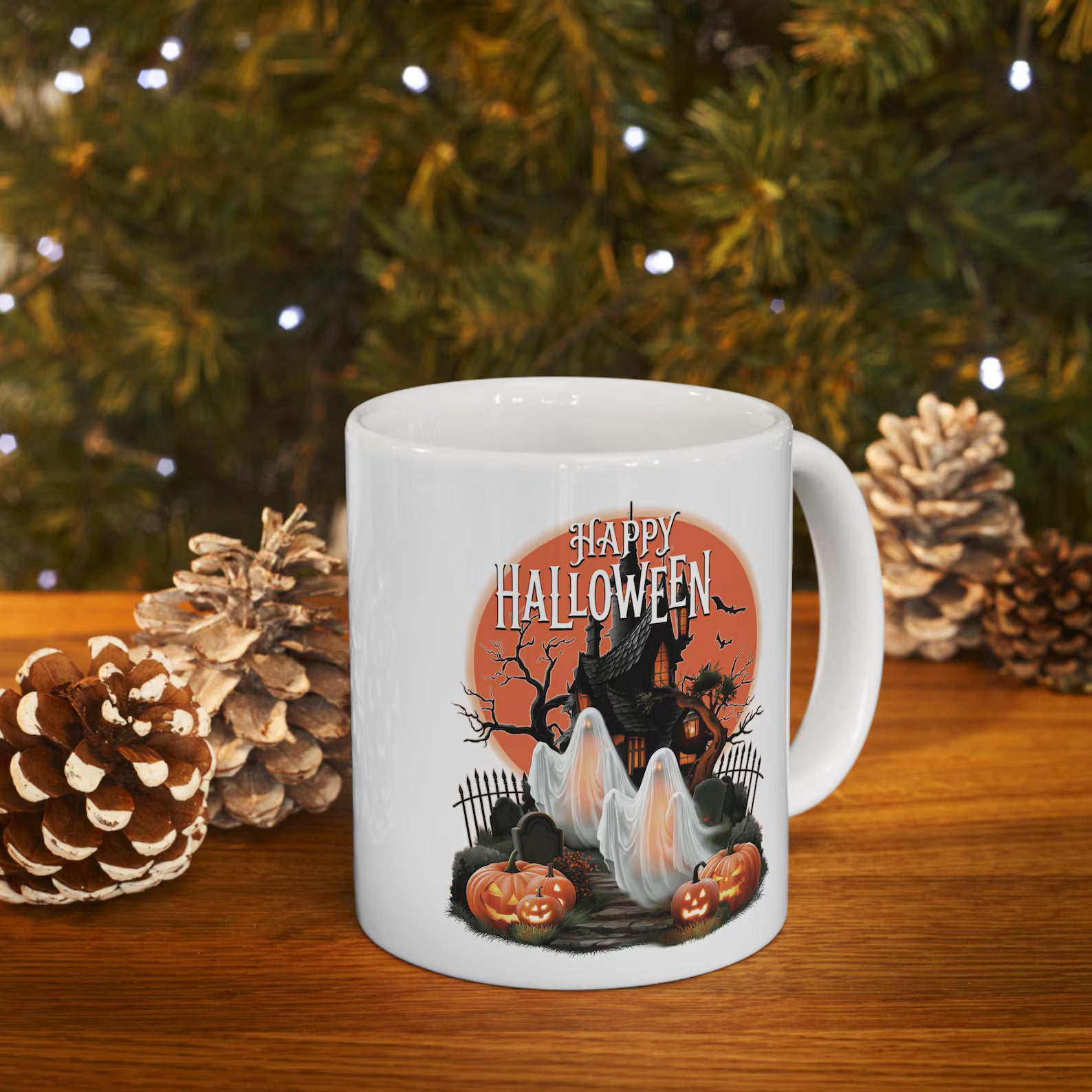 Happy Halloween Mug Spooky Ghosts Coffee Cup Gothic Haunted House Ceramic Mug Glowing Full Moon Autumn Fall Gift Holiday Keepsake Cup. MPETAL13