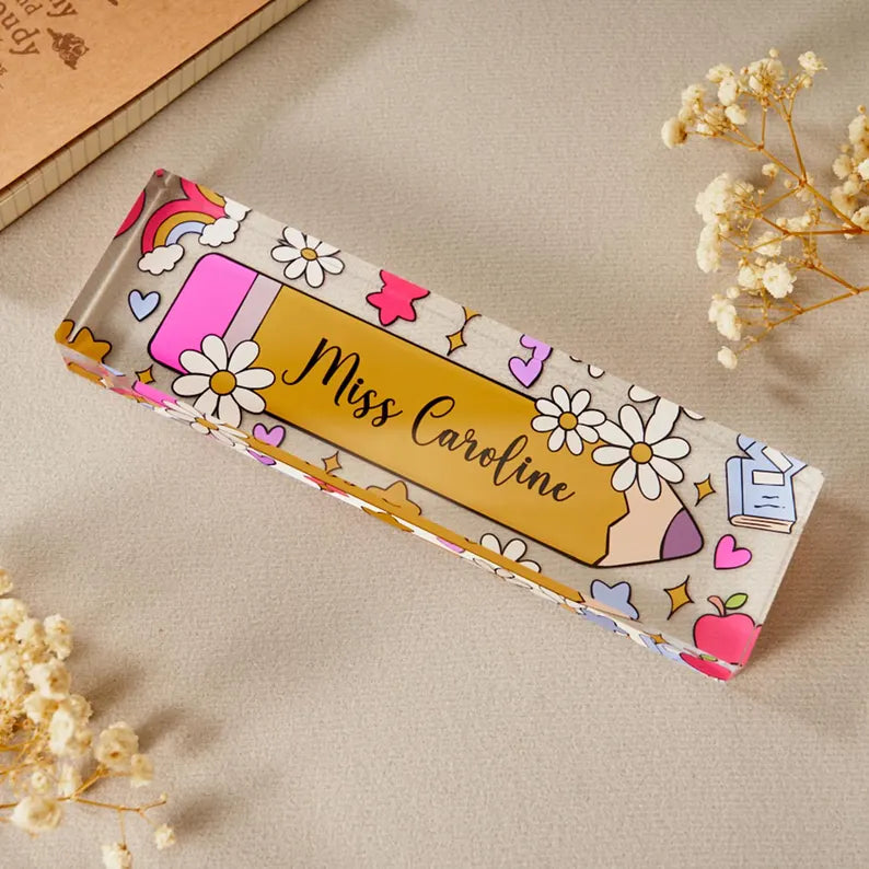 Personalized Teacher Desk Name Plate, Custom Teacher Pencil, Teacher Appreciation Gift, Classroom and Office Decor, Name Plate For Desk. DNPETAL05