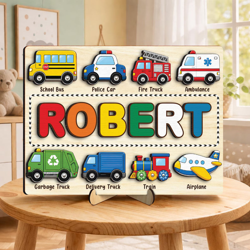 Custom Transportation Puzzle with Cars,Vehicle Name Puzzle Board,Montessori Toy for Baby Boys,Newborn Gift,Toddlers Gift,Baby Room Decor. NPPETAL20