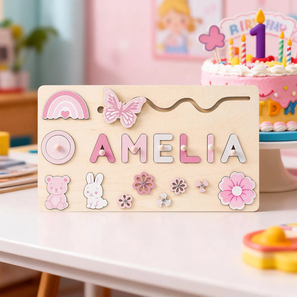 Custom Baby Girl Name Puzzle, Wooden Montessori Toys, Christmas Gifts for Toddlers, 1 year old gifts, Personalized 1st Girl birthday gifts. NPPETAL19