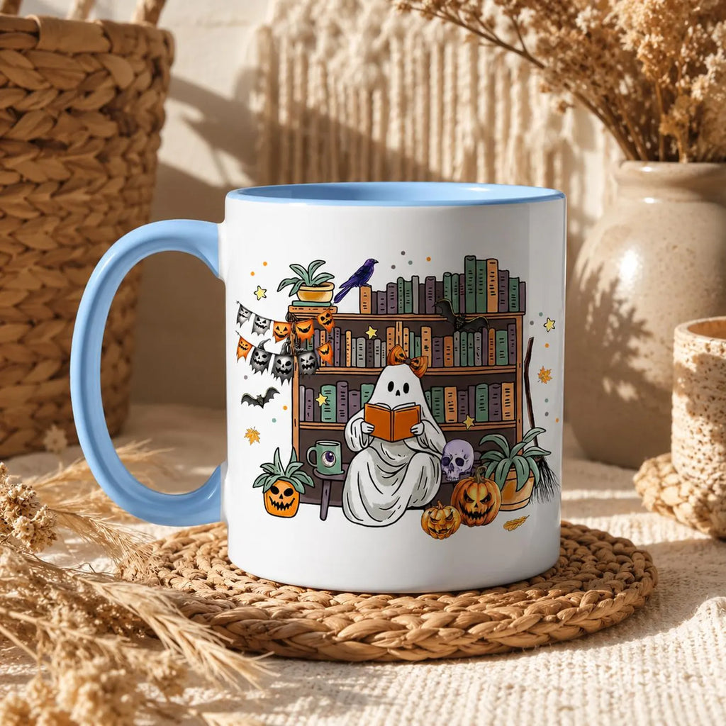 Cute Ghost Reading Book Mug, Spooky Bookshelf Ceramic Cup, Halloween Book Lover Gift For Librarian, Fall Autumn Bookish Cozy Reading Present. MPETAL15