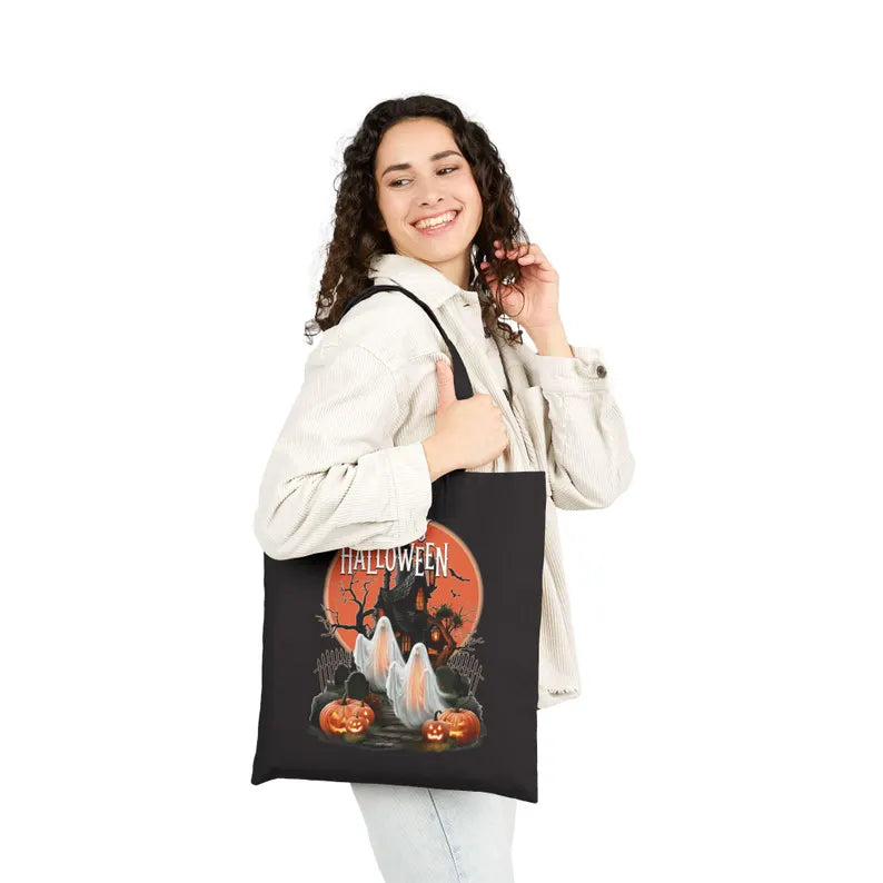 Happy Halloween Tote Bag, Haunted House Ghost Canvas Bag, Pumpkin Trick or Treat Bag, Spooky Season Halloween Gift Tote. HLWTBPETAL8