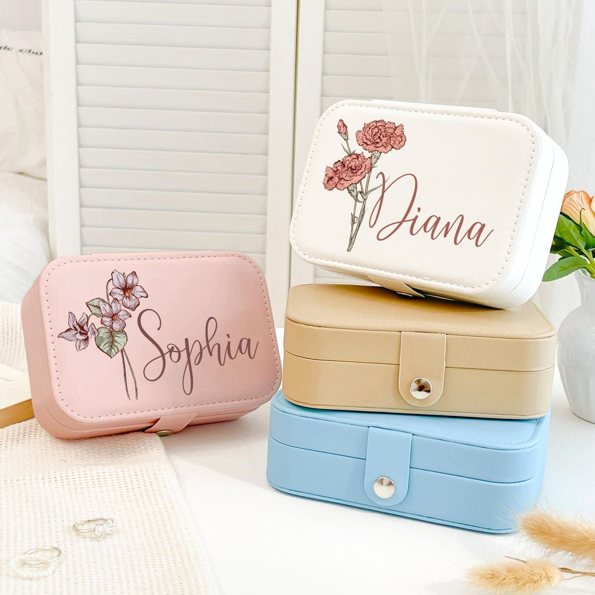 Personalized Leather Jewelry Case with Birth Flower, Custom Name Jewelry Box, Travel Jewelry Organizer, Bridesmaid, Birthday, Xmas Gift for Sister, Friend