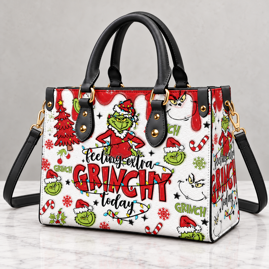 Red Grinch Christmas Pattern Leather Handbag, Grinch Christmas Leather Tote Bag, Grinch Wallet Purse, Christmas Bag Gift GBAG08
