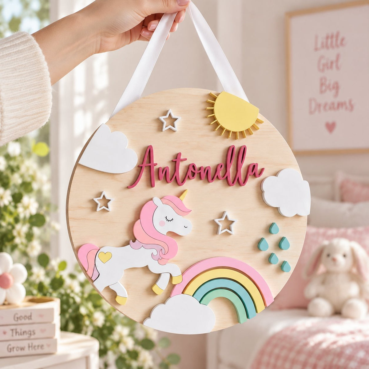 Personalized Unicorn Wooden Sign, Custom Girl Name Door Hanger, Rainbow Nursery Decor, Baby Girl Bedroom Wall Sign WOODKID07