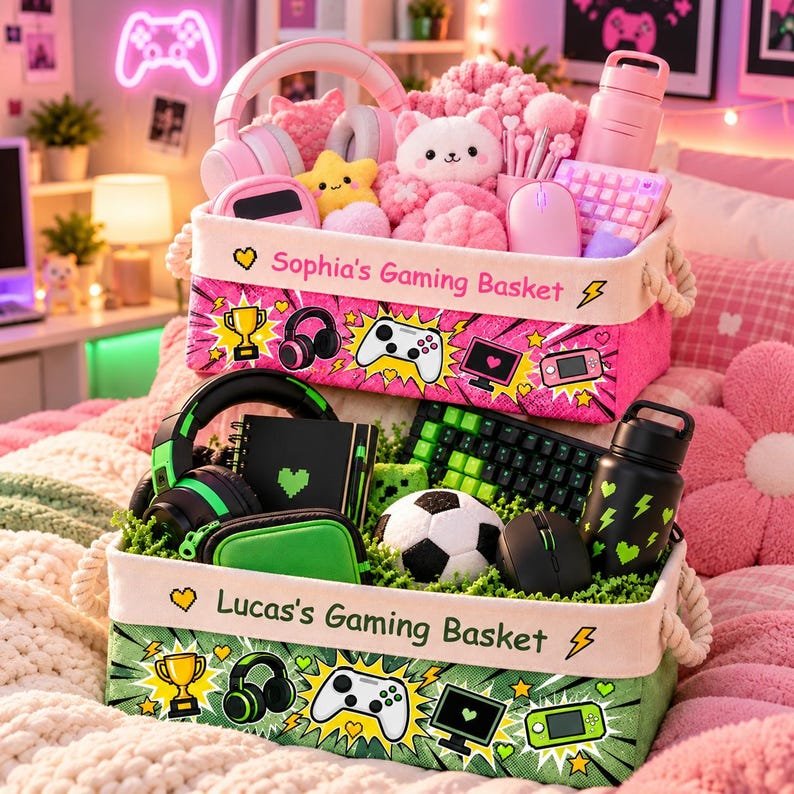 Personalized Gaming Storage Basket, Gaming Stuff Basket with Name Basket, Custom Gaming Box for Boys Girls, Xmas Gift For Daughter Sons BBPETAL17