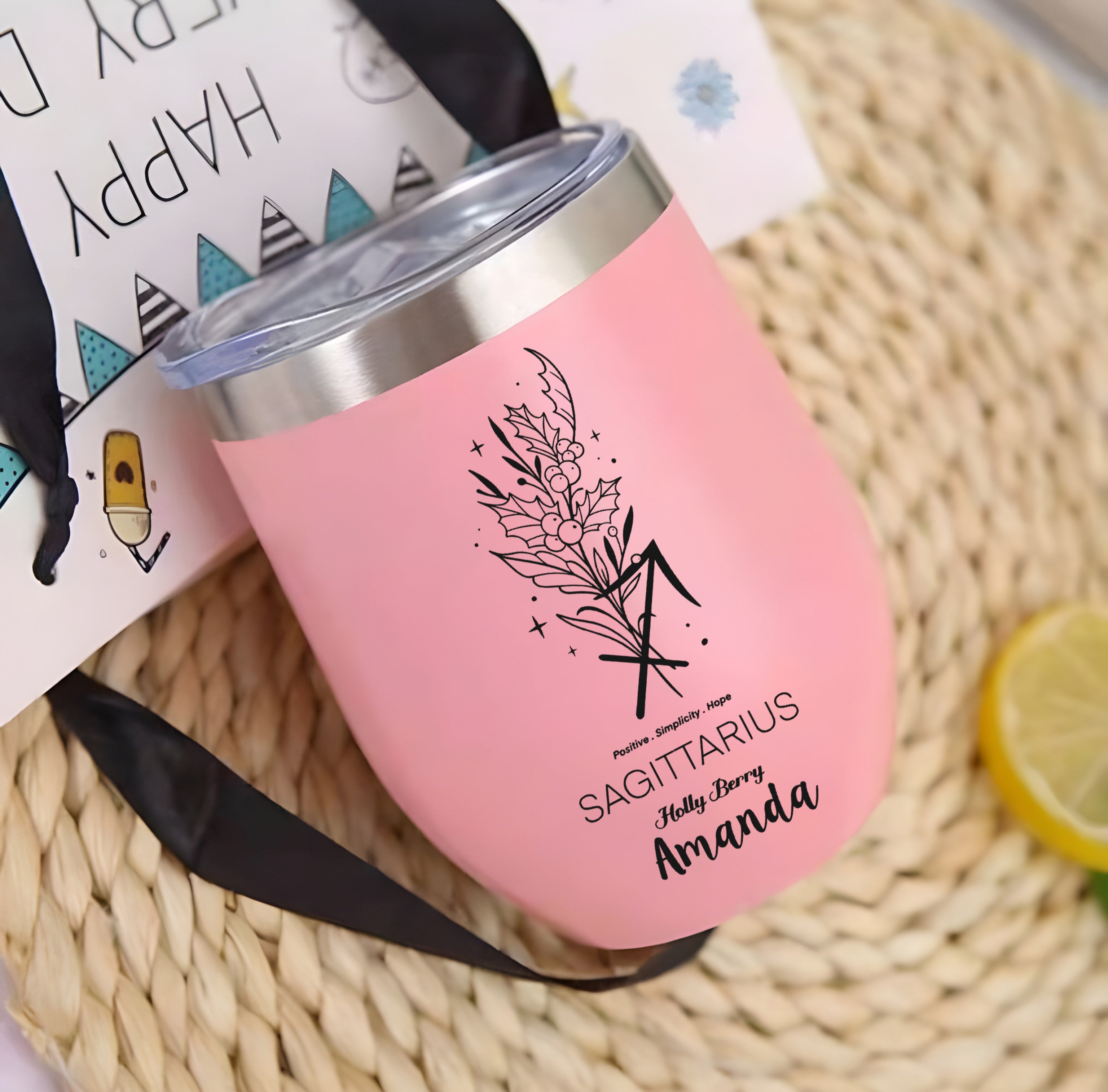 Personalized Edged Wine Tumbler, Custom Birth Flower with Zodiac Sign, Custom Name Tumbler, Birthday Gift for Her