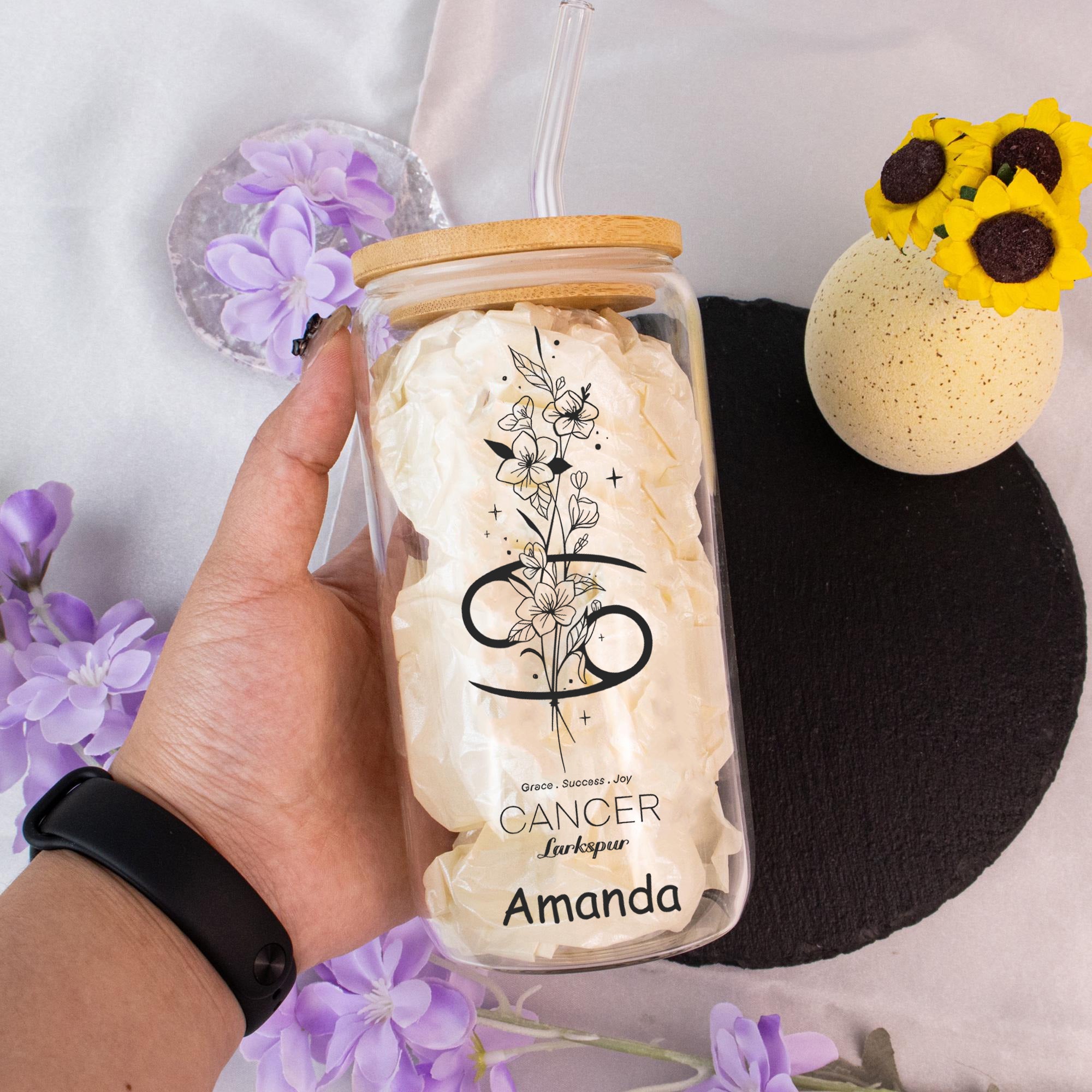 Personalized Birth Flower Zodiac Glass Tumbler with Name, Custom Astrology Cup with Bamboo Lid & Straw, Birthday Gift, Bridesmaid Gift, Christmas Present
