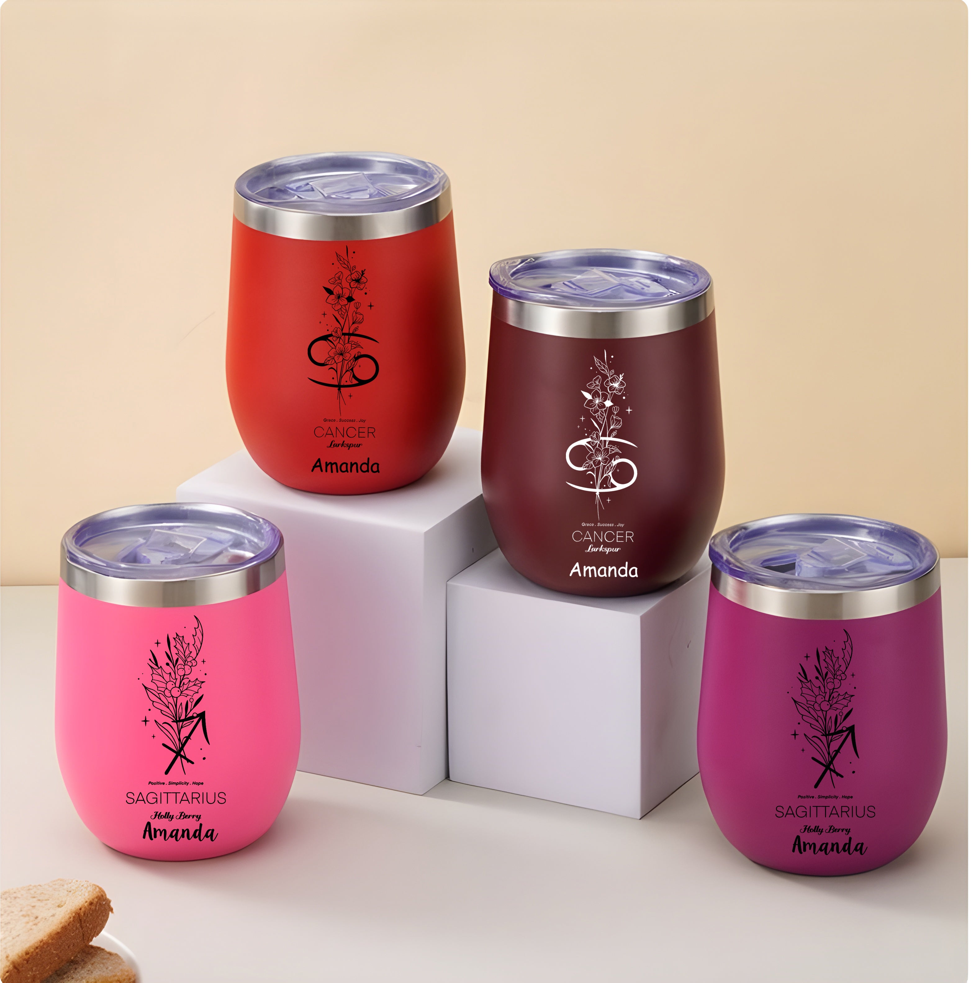 Personalized Edged Wine Tumbler, Custom Birth Flower with Zodiac Sign, Custom Name Tumbler, Birthday Gift for Her