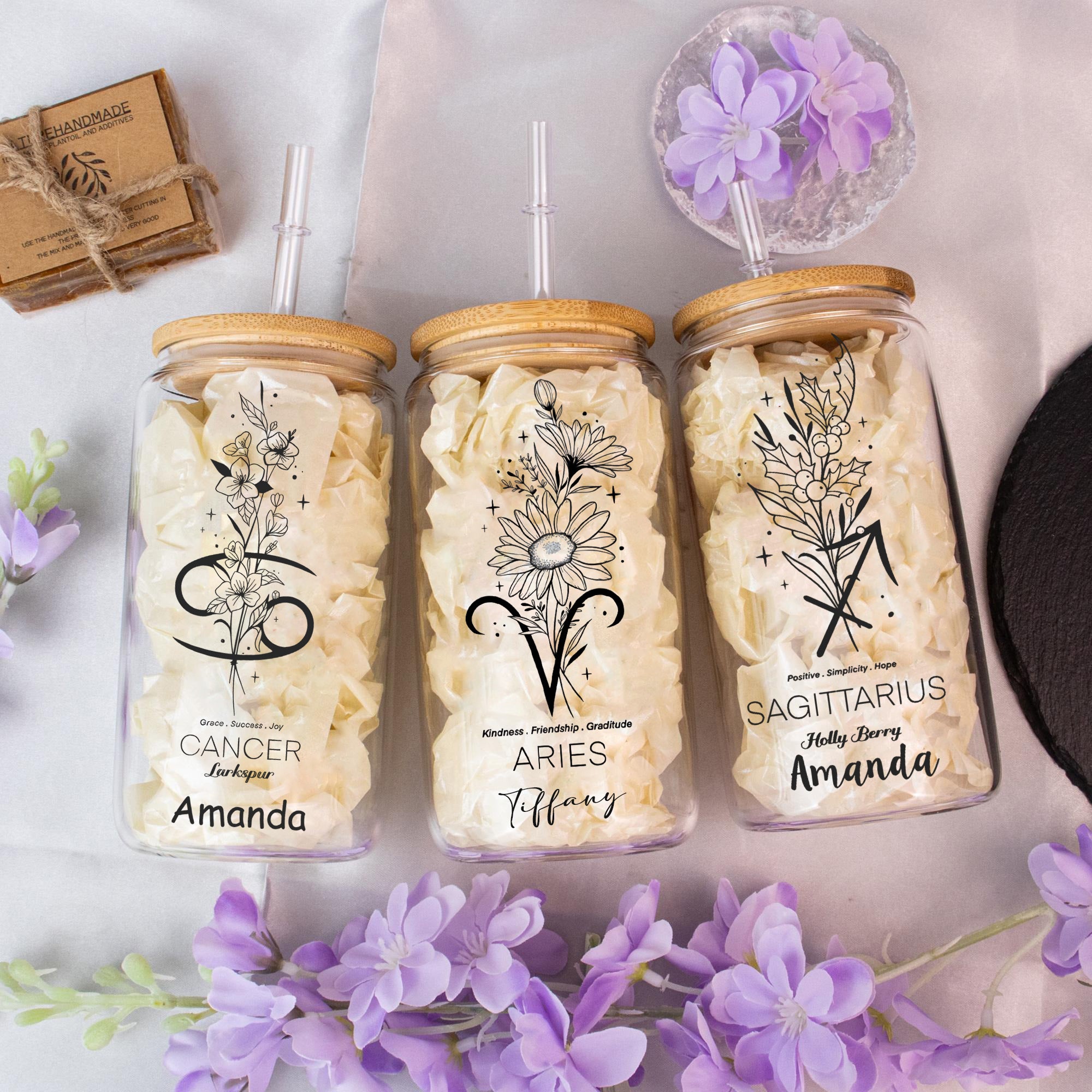 Personalized Birth Flower Zodiac Glass Tumbler with Name, Custom Astrology Cup with Bamboo Lid & Straw, Birthday Gift, Bridesmaid Gift, Christmas Present