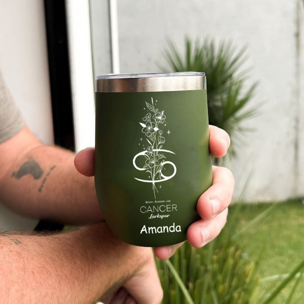 Personalized Edged Wine Tumbler, Custom Birth Flower with Zodiac Sign, Custom Name Tumbler, Birthday Gift for Her