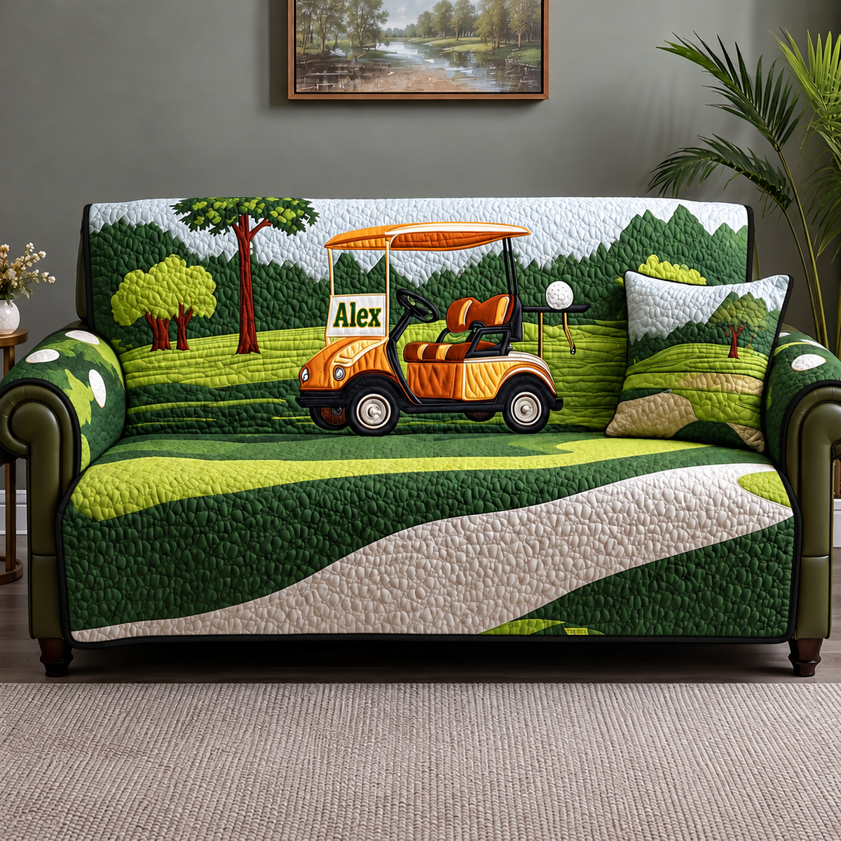 Custom Golf Course Patchwork Quilted Sofa Cover, Golf Pattern Sofa Cover, Patchwork Couch Throw, Sofa Protector, Holiday Sofa Decor QUILTSOFA76