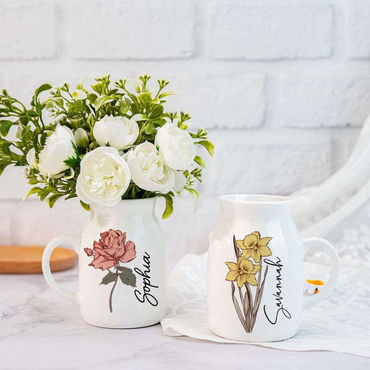 Personalized Birth Flower Ceramic Vase, Custom Name Flower Pot, Floral Monthly Bloom Vase, Unique Gift for Women & Home Decor