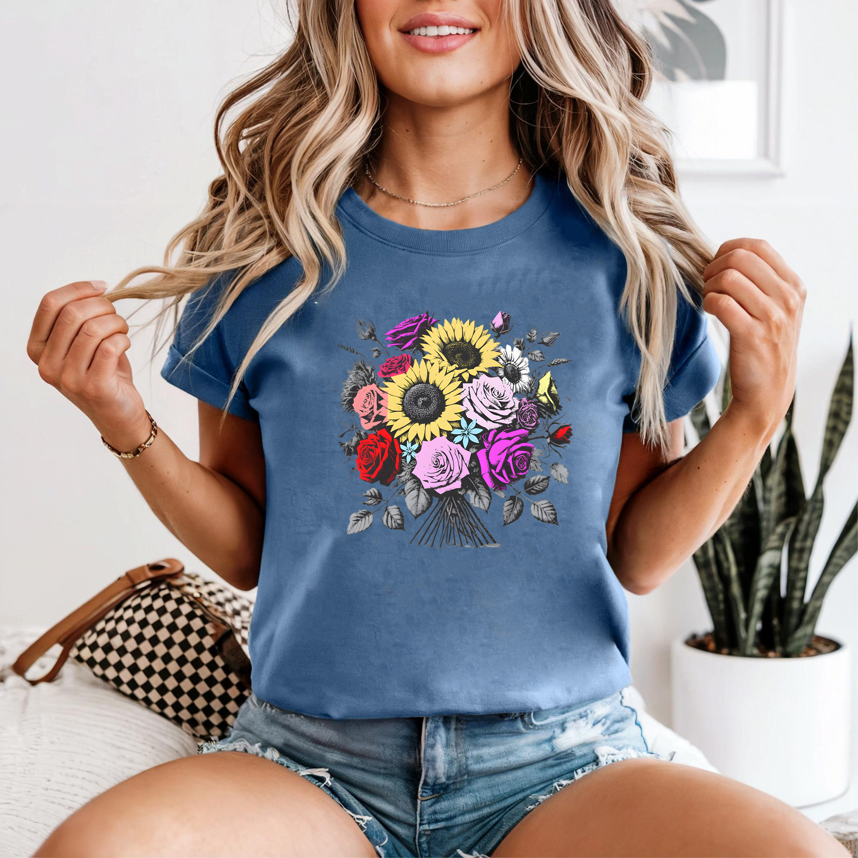 Sunflower Rose Bouquet Shirt, Floral Graphic T-Shirt, Botanical Garden Tee, Flower Lover Gift, Colorful Aesthetic Shirt