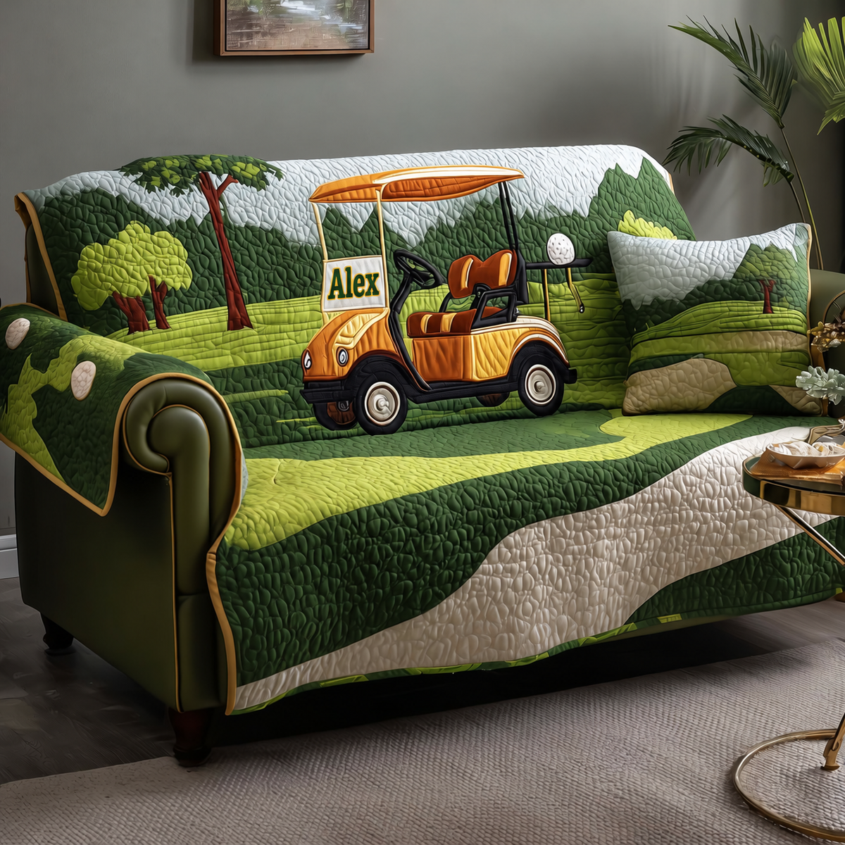 Custom Golf Course Patchwork Quilted Sofa Cover, Golf Pattern Sofa Cover, Patchwork Couch Throw, Sofa Protector, Holiday Sofa Decor QUILTSOFA76