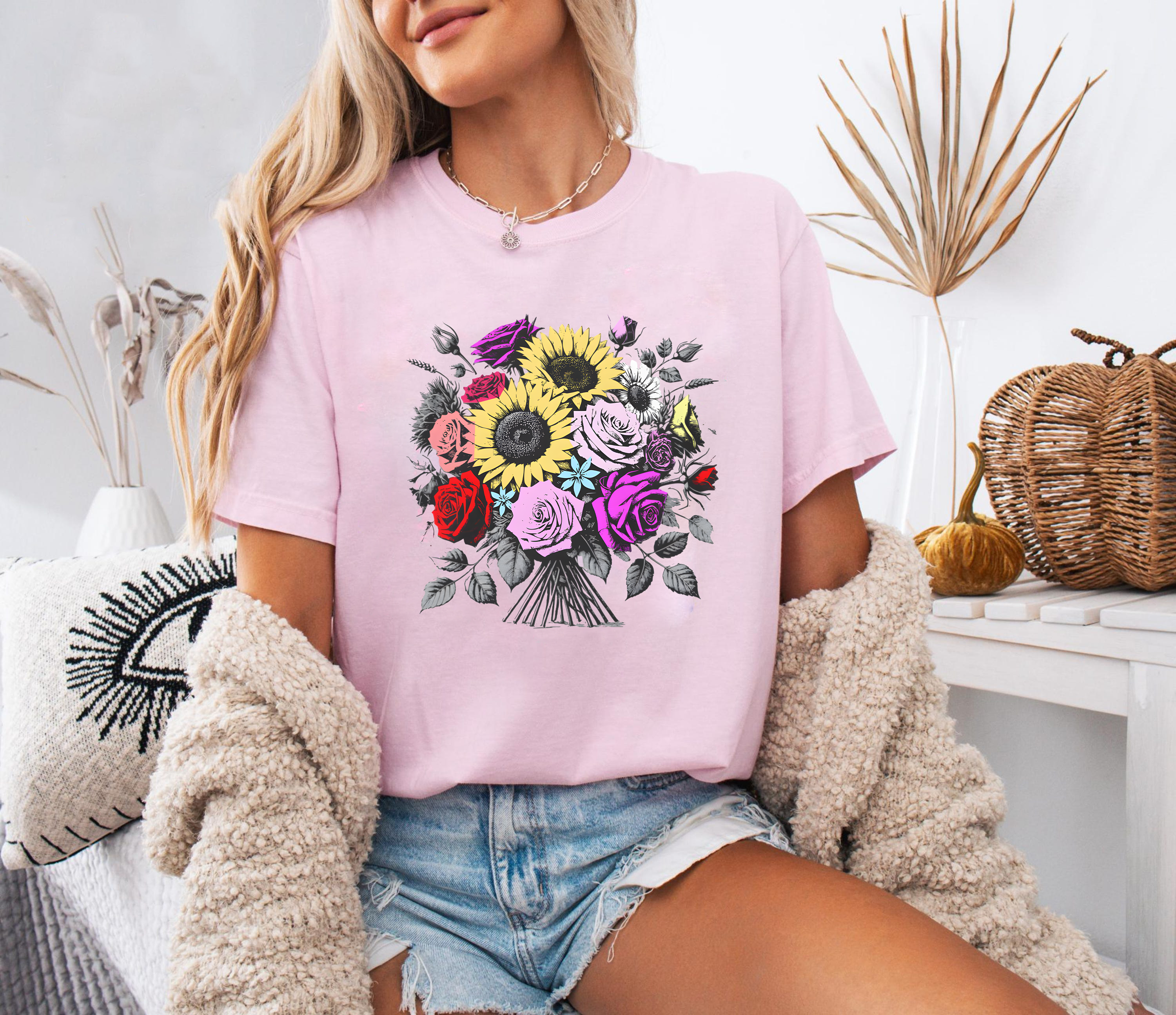 Sunflower Rose Bouquet Shirt, Floral Graphic T-Shirt, Botanical Garden Tee, Flower Lover Gift, Colorful Aesthetic Shirt