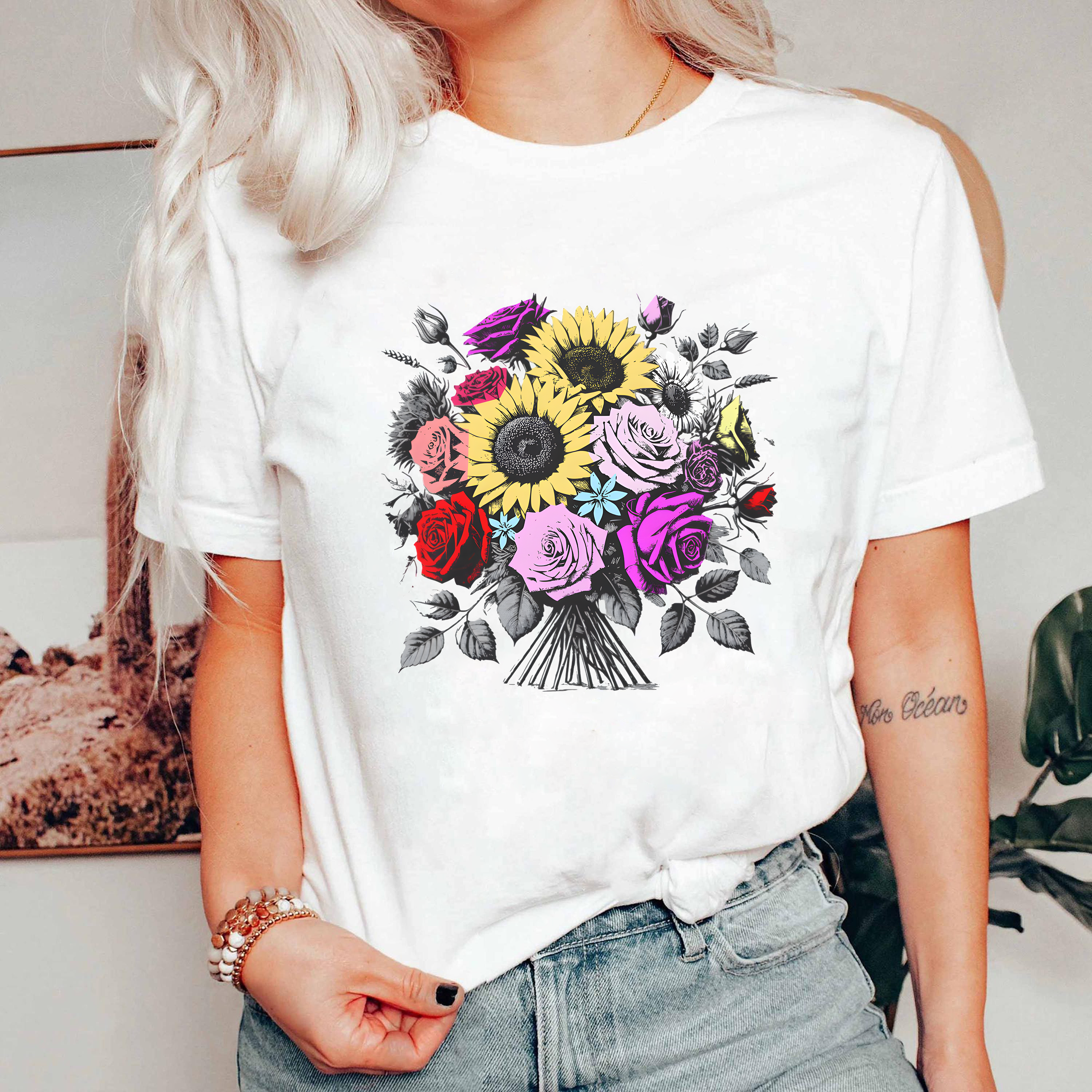 Sunflower Rose Bouquet Shirt, Floral Graphic T-Shirt, Botanical Garden Tee, Flower Lover Gift, Colorful Aesthetic Shirt
