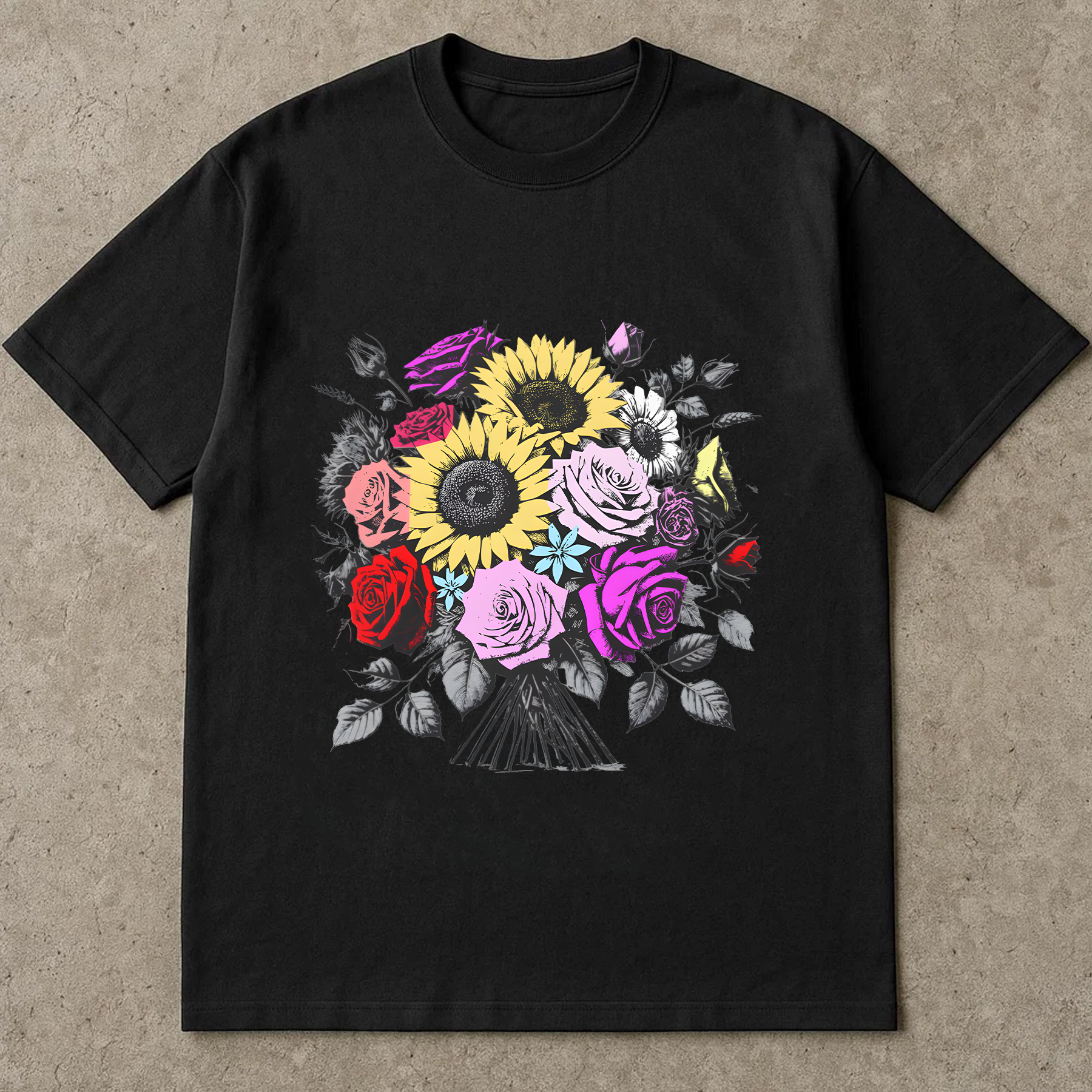 Sunflower Rose Bouquet Shirt, Floral Graphic T-Shirt, Botanical Garden Tee, Flower Lover Gift, Colorful Aesthetic Shirt